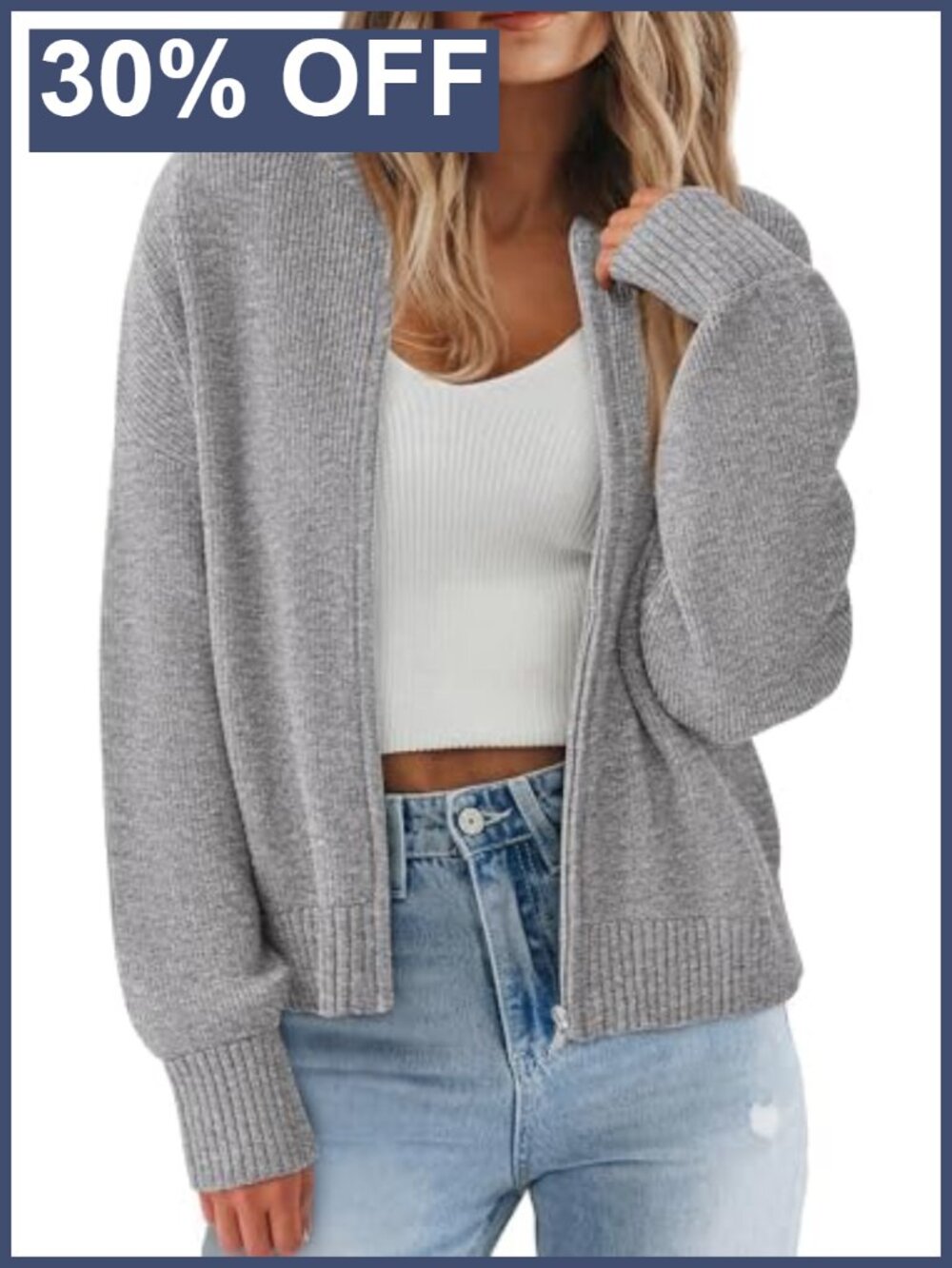 Chunky Knit Zip Up Cardigan Sweater Long Sleeve Crew Neck Loose Fit Fall